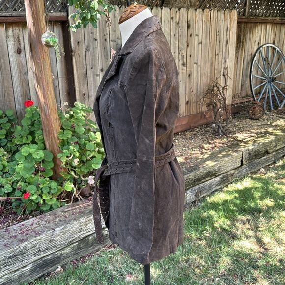 Vtg Y2K Marcelle Renee Brown Suede Leather Whipstitch Trench Coat Women's Small - Picture 5 of 16